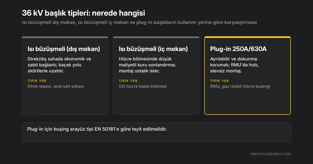Üç kablo başlığı tipinin yer, ayrılabilirlik ve montaj yönünden kart karşılaştırması