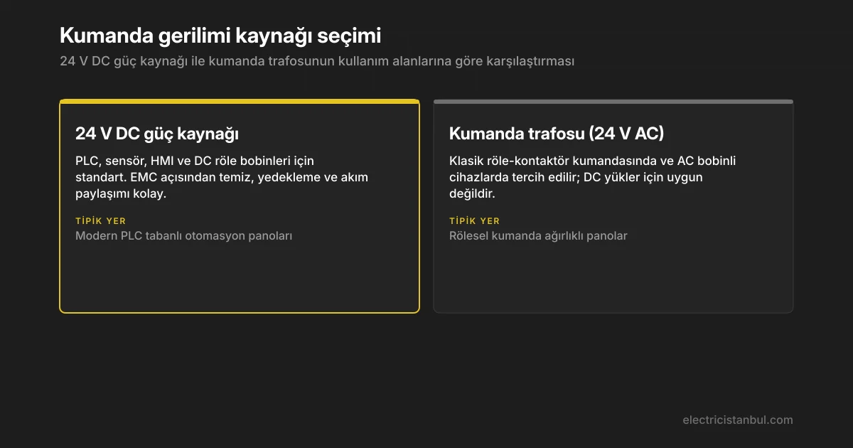 24 V DC güç kaynağı ile kumanda trafosunun kullanım alanına göre karşılaştırması